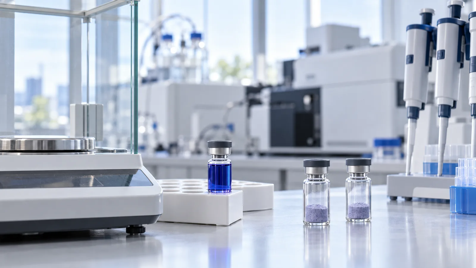 Vial of royal blue mixed Klow peptide blend in a lab rack beside a precision balance and pipettes