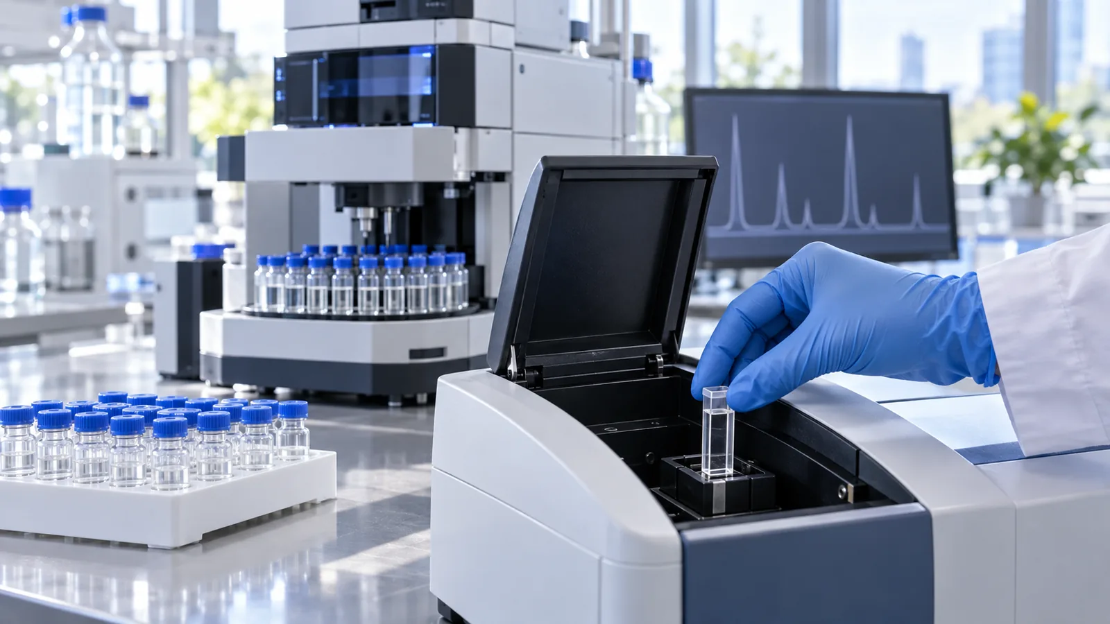 Gloved hand placing a cuvette into a UV-Vis spectrophotometer beside an HPLC system