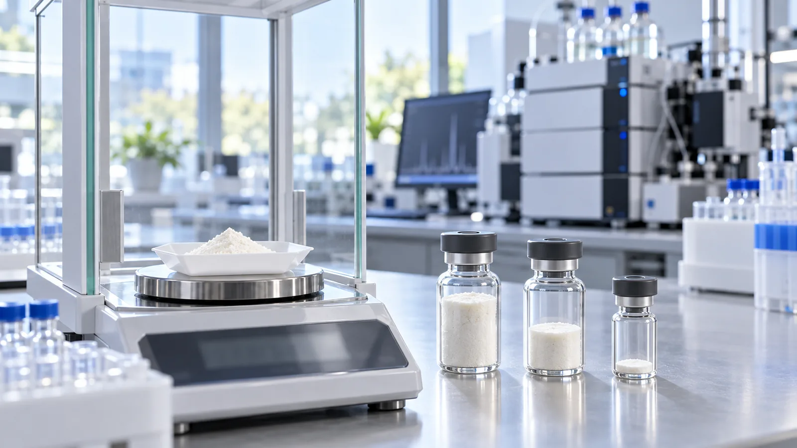 Analytical balance with a weighing boat of NAD+ powder beside 500mg and 1000mg vials and a small peptide vial for scale