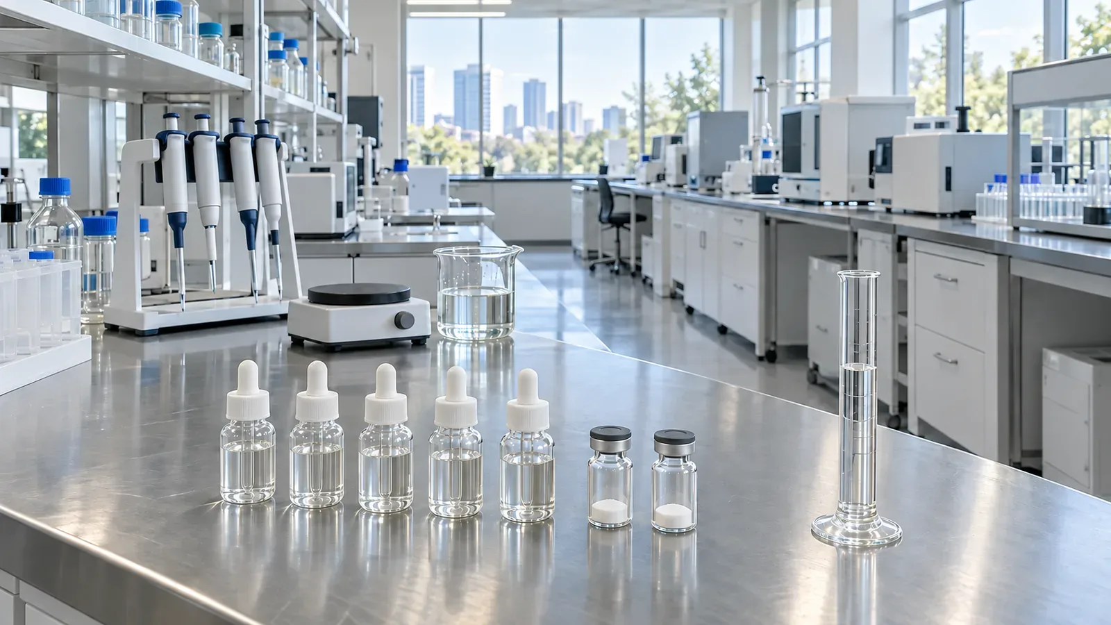 Bright formulation bench with plain clear dropper bottles of clear solution, vials of white powder and a graduated cylinder