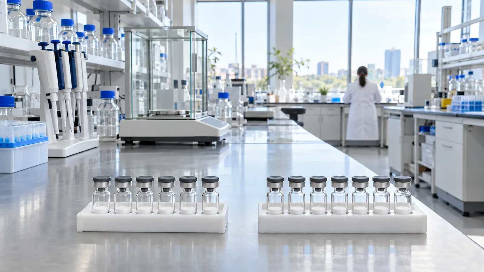 Two white racks of plain vials with white powder side by side on a bright laboratory bench, a balance and windows behind