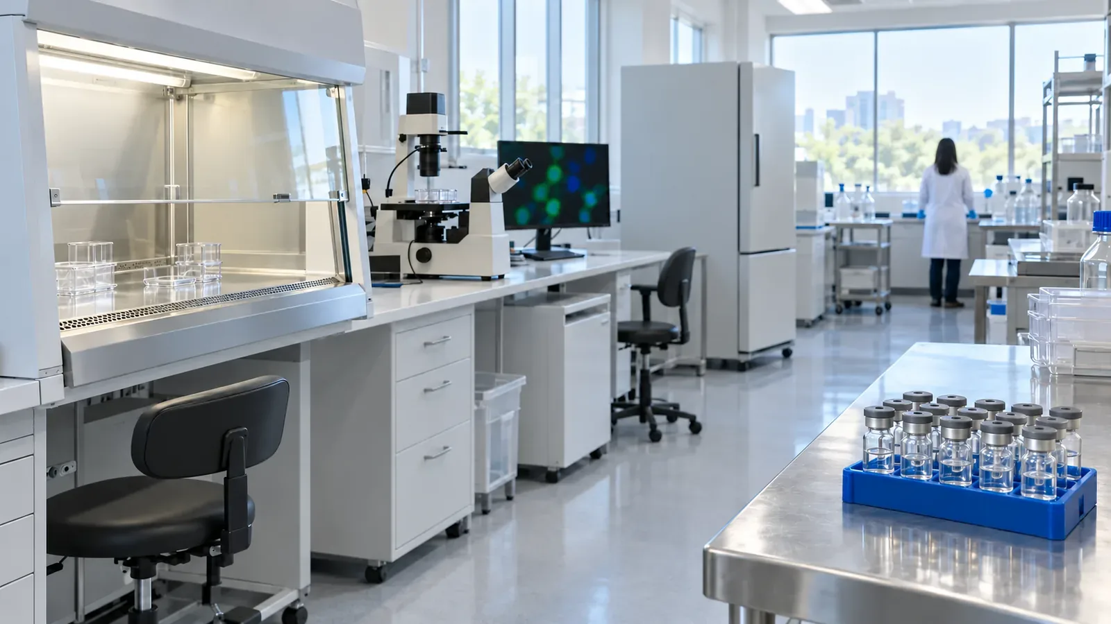 Cell culture room with a biosafety cabinet, an inverted microscope and a rack of plain vials of clear solution in the foreground