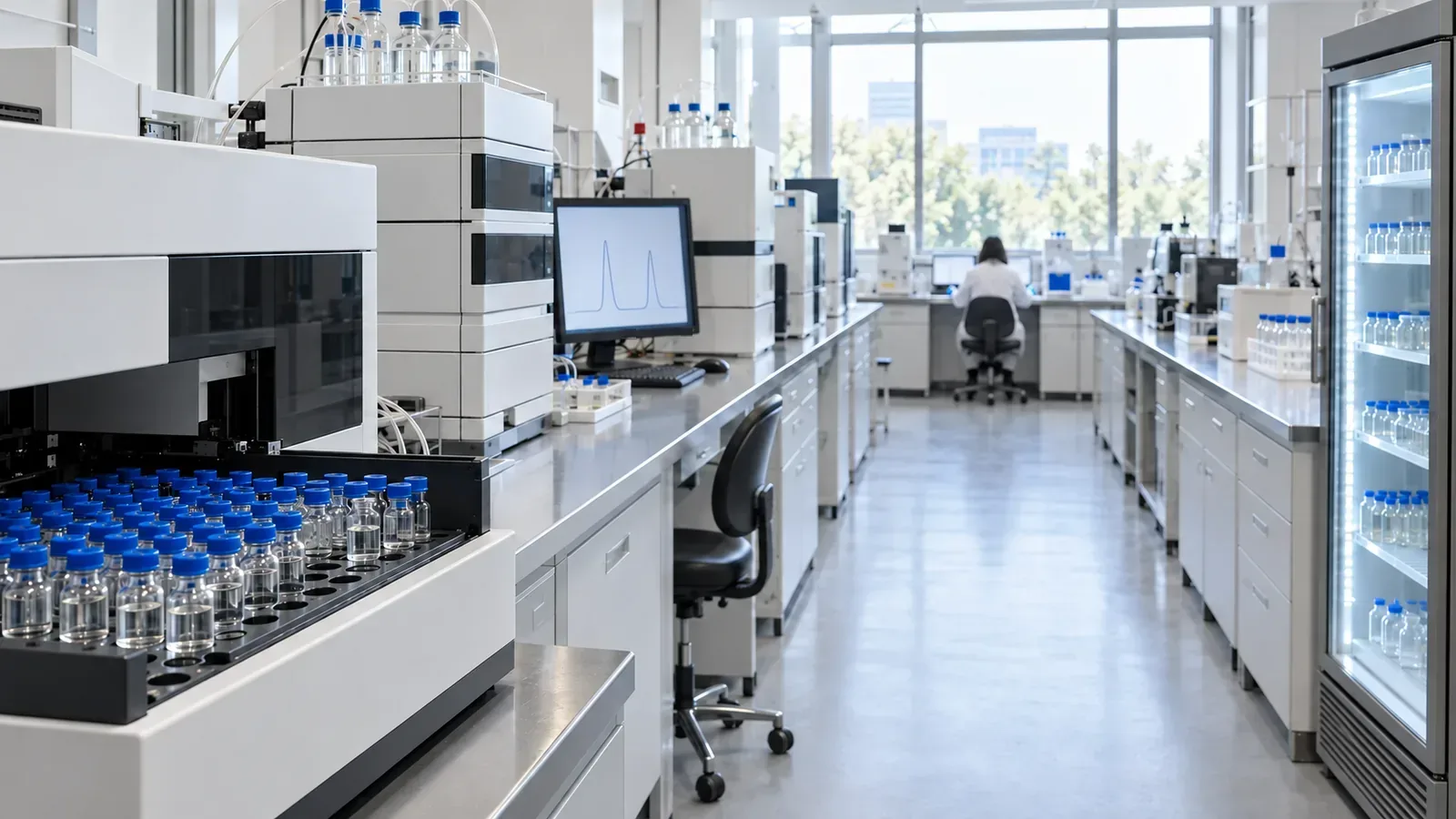 HPLC autosampler tray of small sample vials in the foreground of a bright analytical testing room