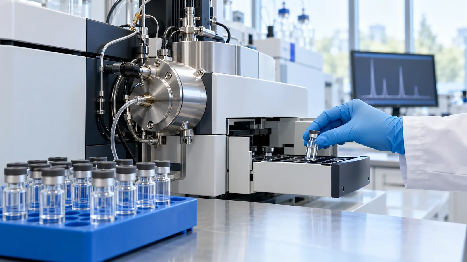 Gloved hand loading a tesamorelin sample into an LC-MS autosampler
