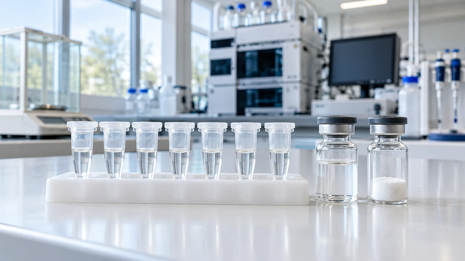 Seven microtubes of daily tesamorelin portions in a rack in front of mixed and unmixed vials