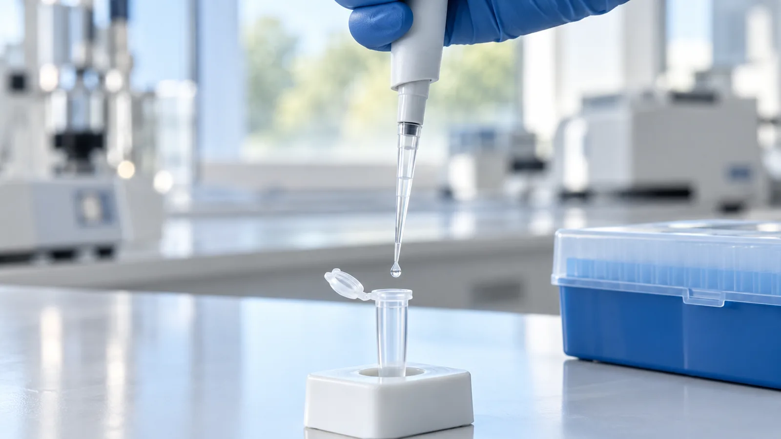 Micropipette dispensing a small measured drop of tesamorelin solution into a microtube