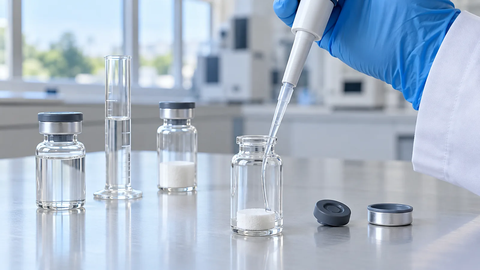 Gloved hand adding water to a vial of white tesamorelin powder beside a 20mg vial