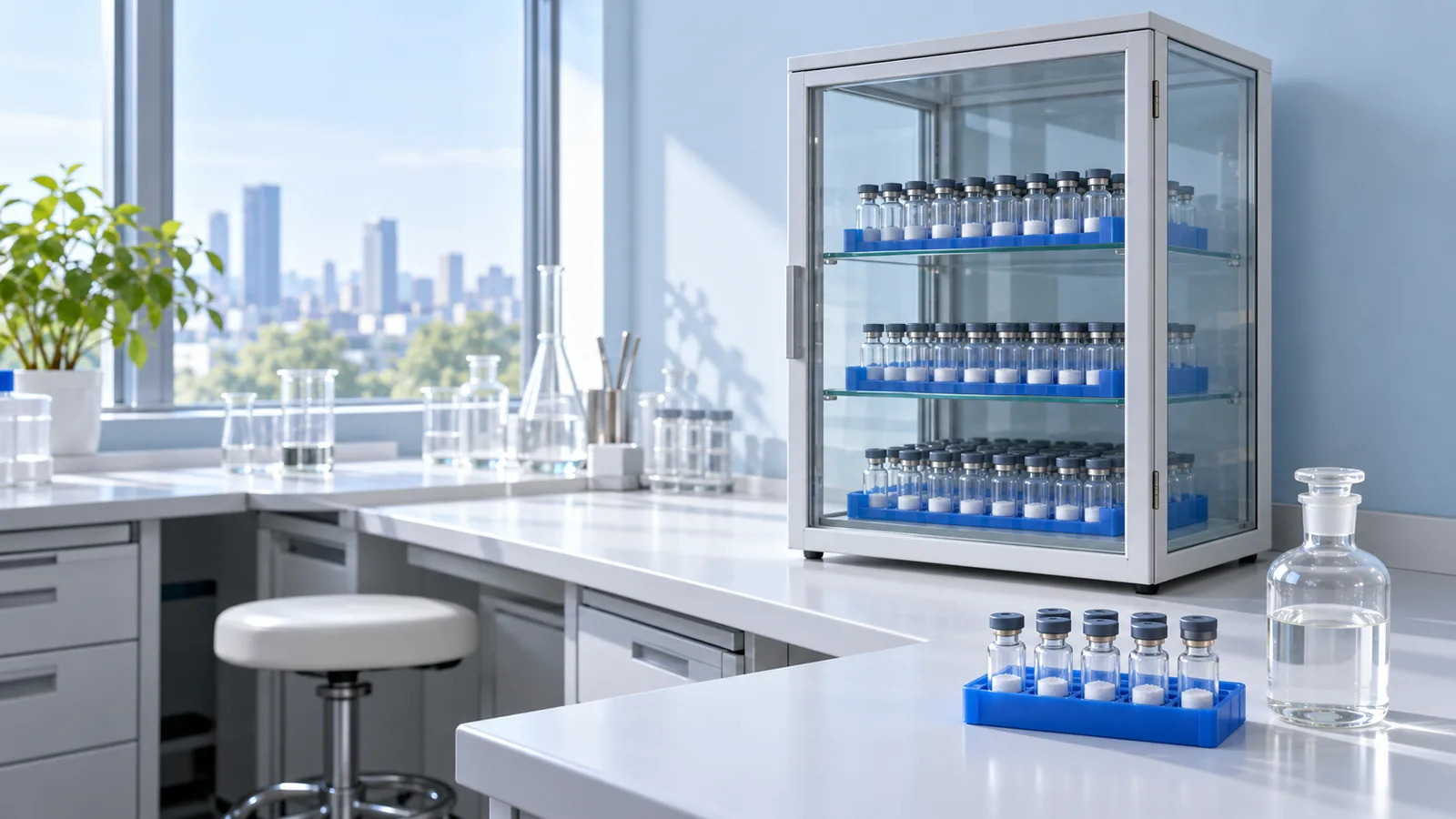 Glass-front dry storage cabinet with blue racks of plain freeze-dried vials on a white bench beside a window in a bright laboratory