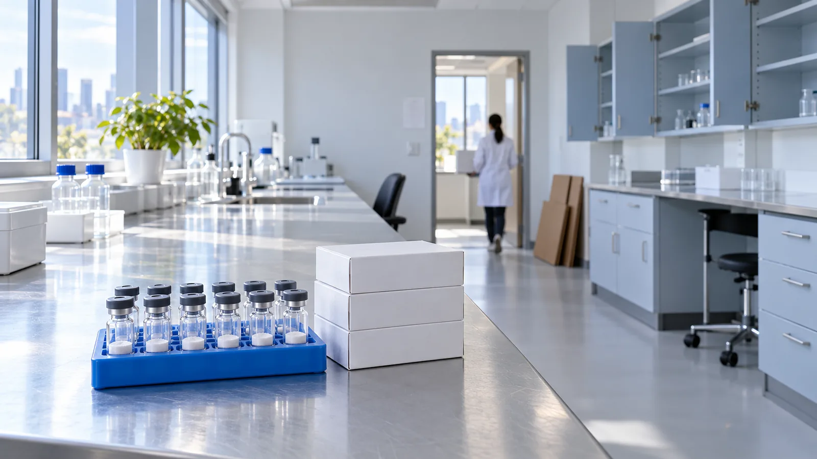 Blue rack of plain freeze-dried peptide vials and closed white boxes on a mostly cleared bench in a bright laboratory, with emptied cabinets behind