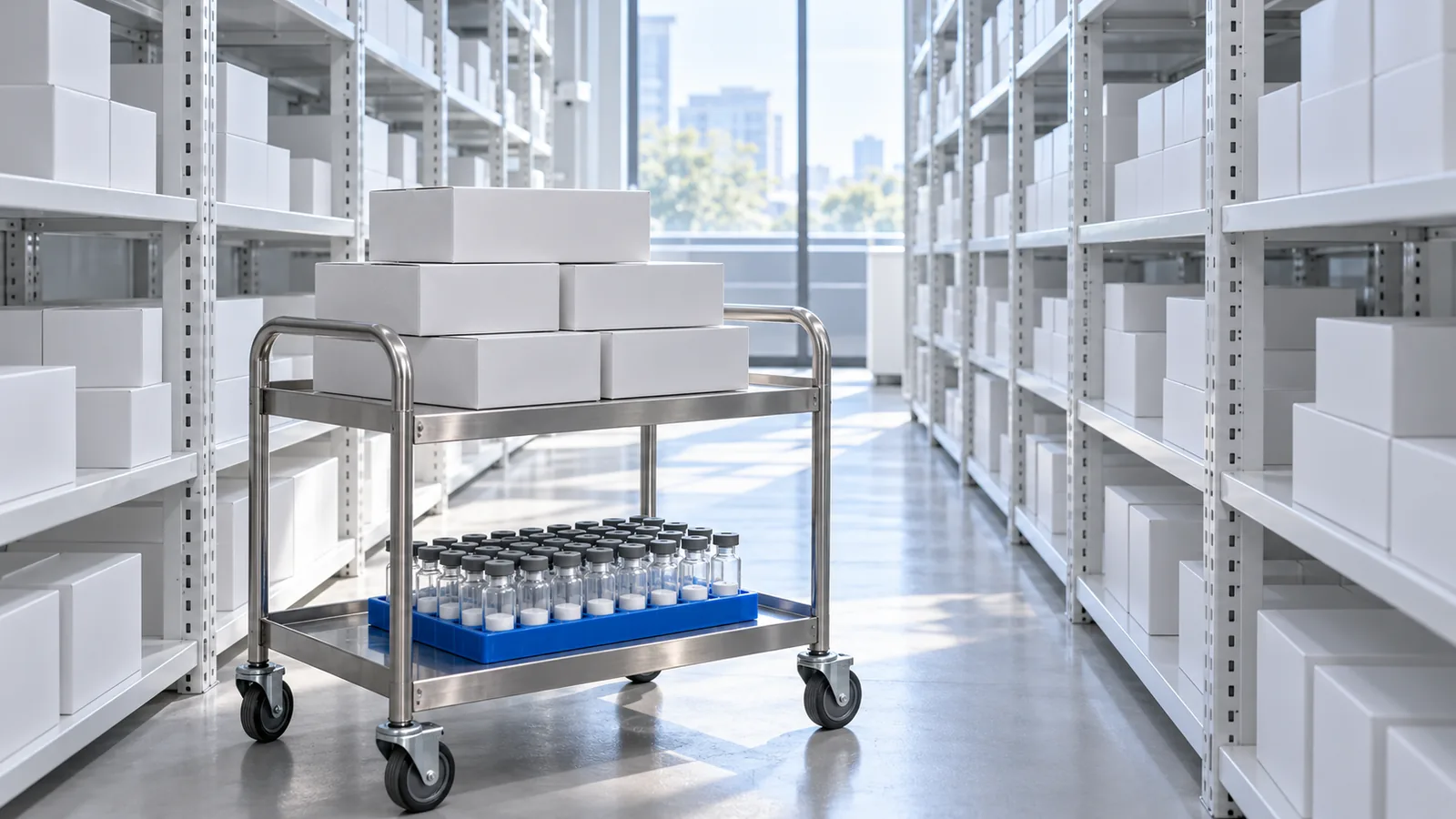 Steel cart holding a neat stack of sealed plain white mailer boxes and a rack of powder vials in a bright stockroom with white shelving