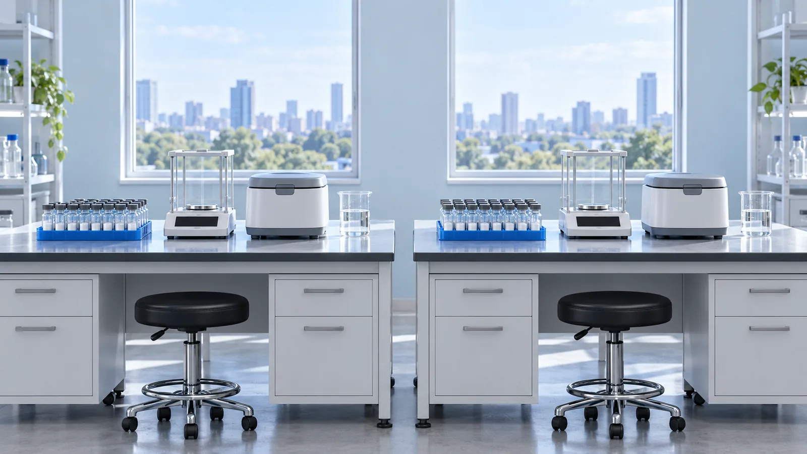 Two identical white lab benches side by side, each with the same blue rack of plain vials, precision balance and small centrifuge