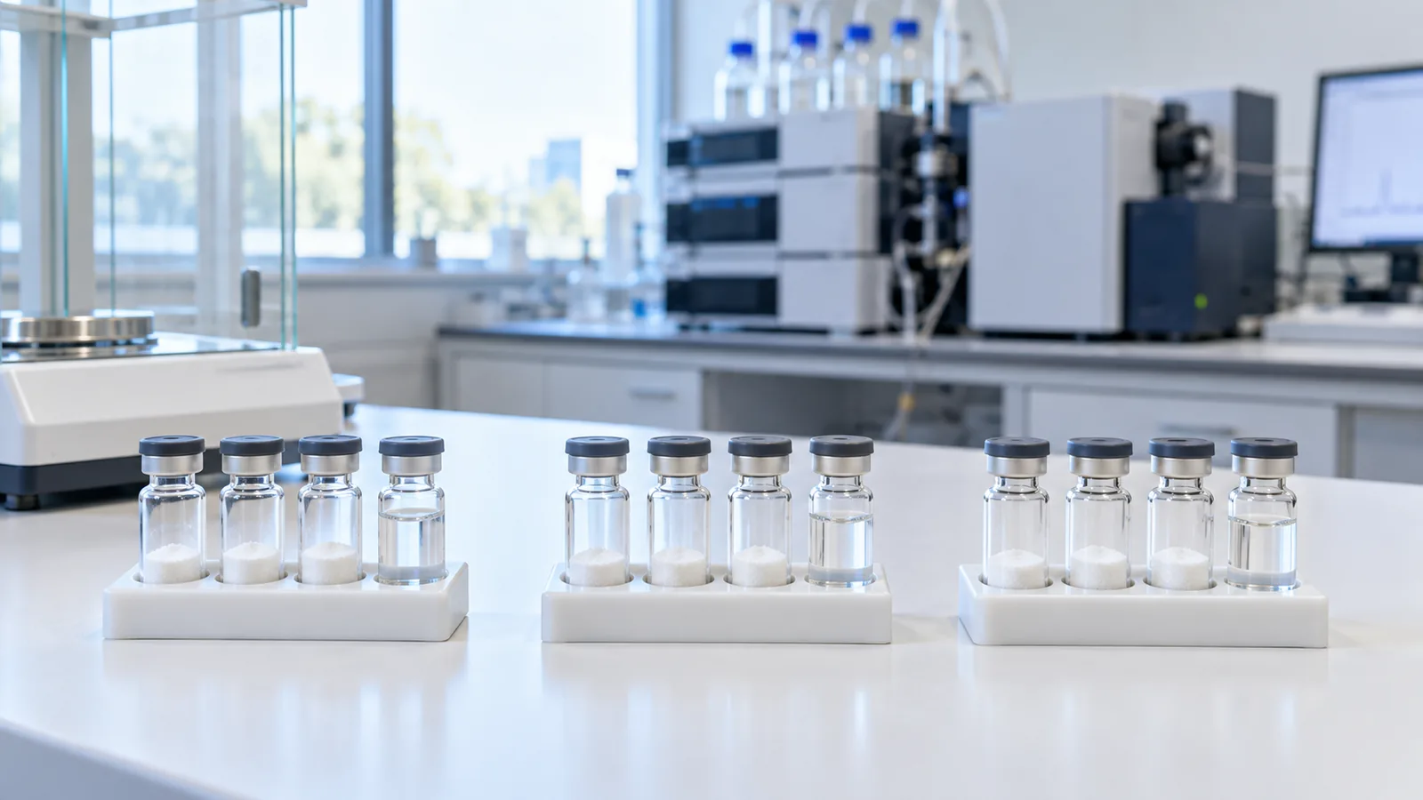 Three white racks of plain vials with white powder and clear solution side by side on a bright laboratory bench