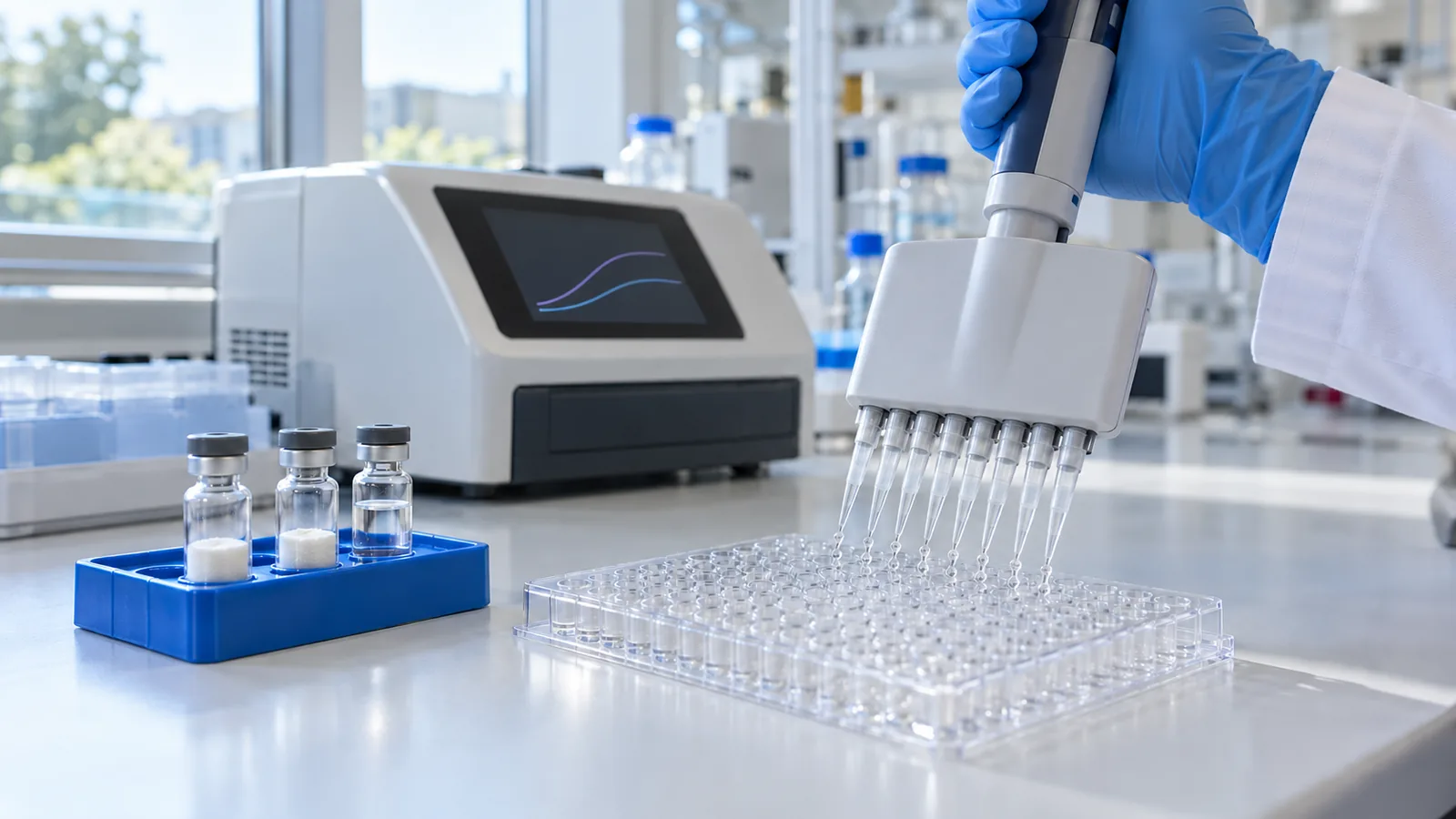 Gloved hand pipetting clear solution into a microplate beside a plate reader and plain vials of white powder
