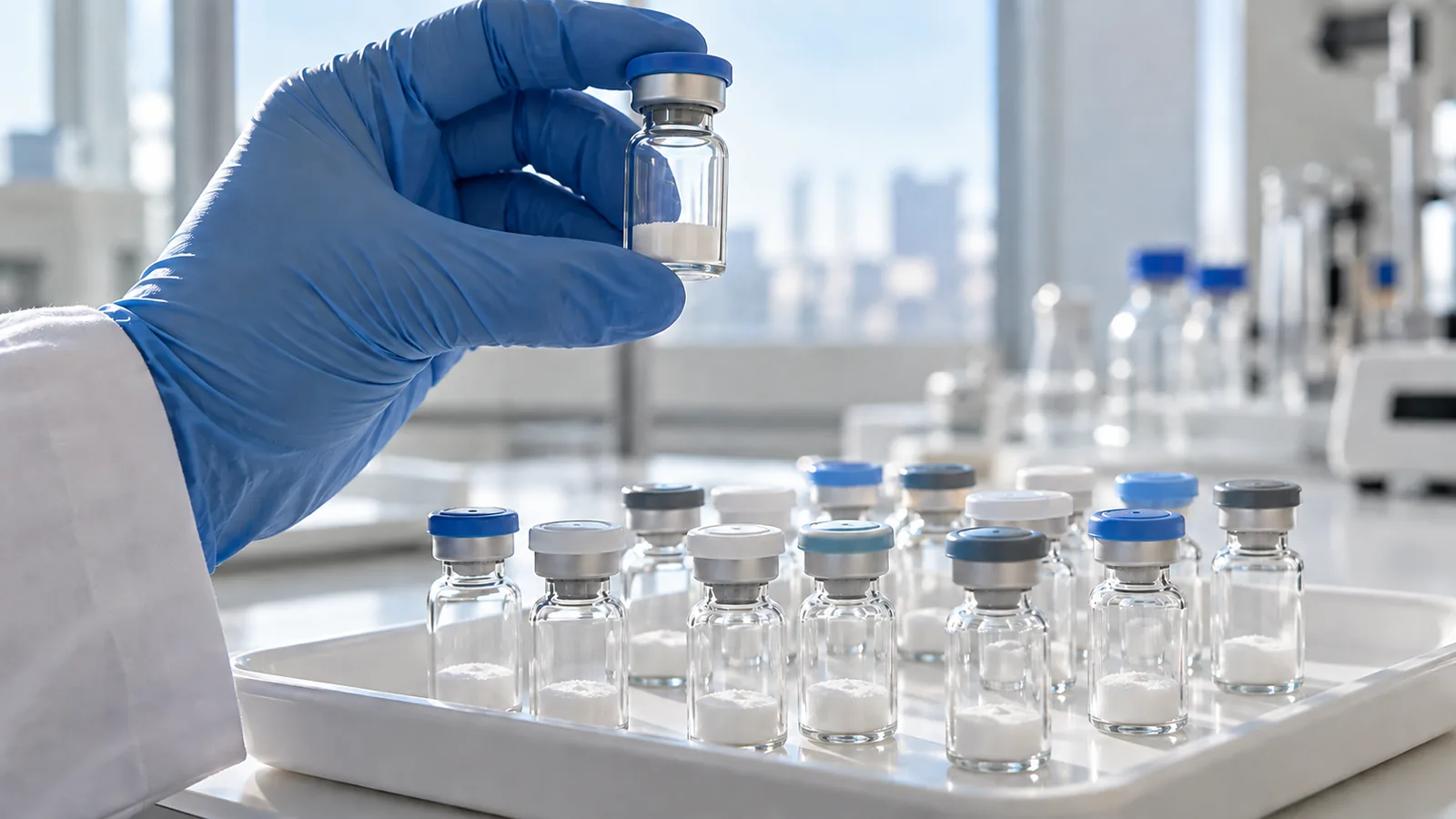 Gloved hand holding a plain vial of white powder up to daylight above a tray of unlabeled vials with mixed cap colours