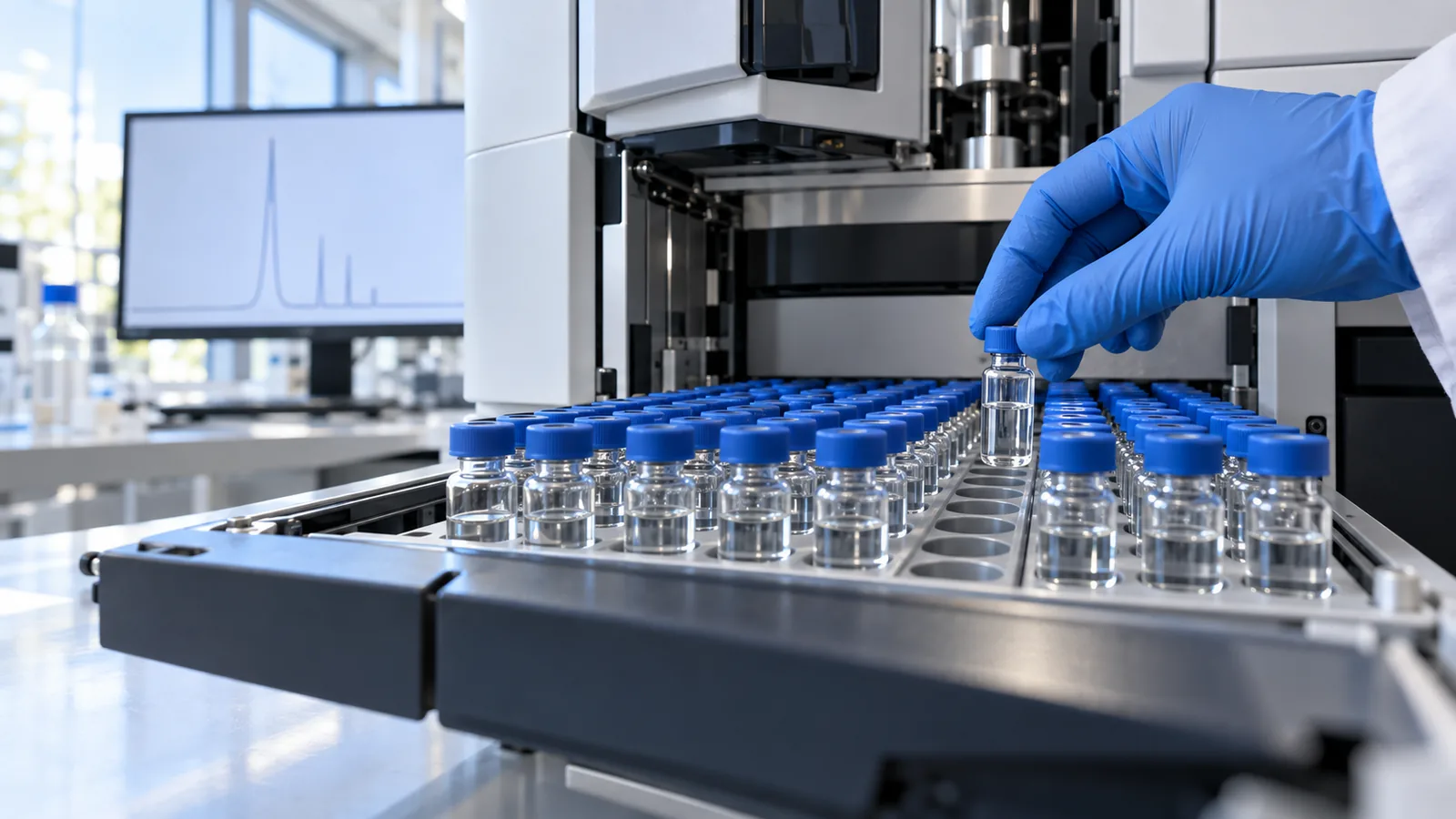Gloved hand placing a clear sample vial into an LC-MS autosampler tray with a chromatogram peak on the screen behind