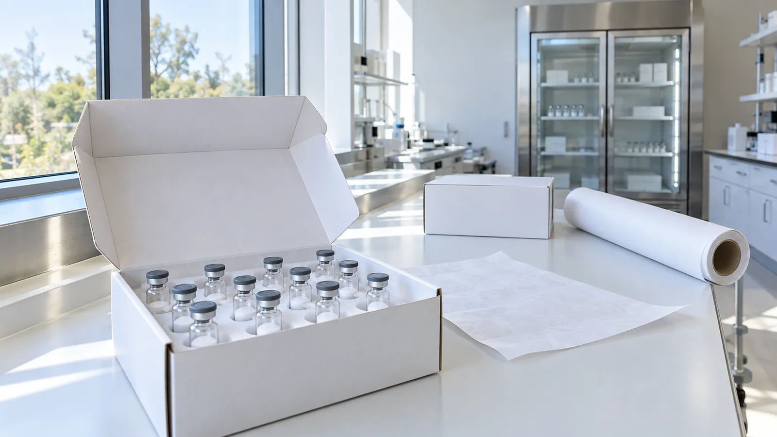 Open shipping box with plain peptide vials nested in a foam insert on a dispatch bench by a bright window