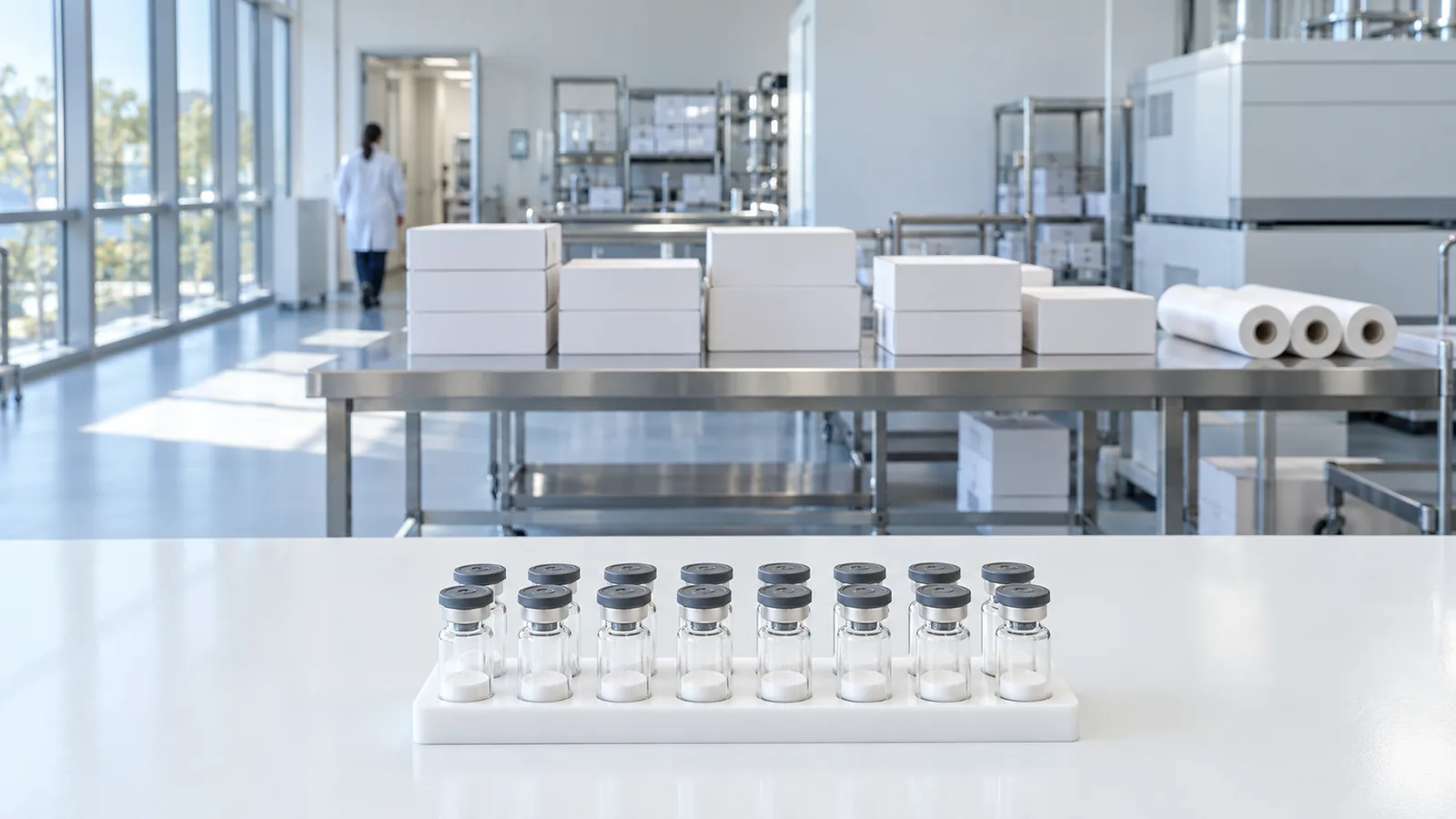A rack of plain research peptide vials in the foreground of a bright supply room with packing benches and an LC-MS instrument behind