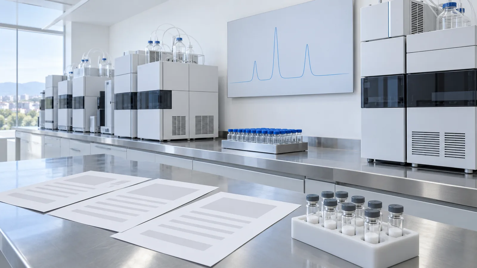 Row of HPLC and LC-MS instruments with an autosampler tray of sample vials and a rack of plain peptide vials on the bench