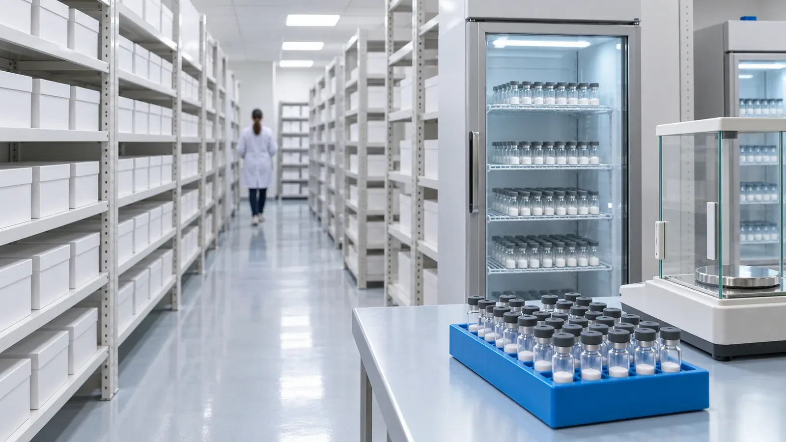 Shelves of plain white boxes and a lab fridge behind a rack of freeze-dried peptide vials beside a precision balance