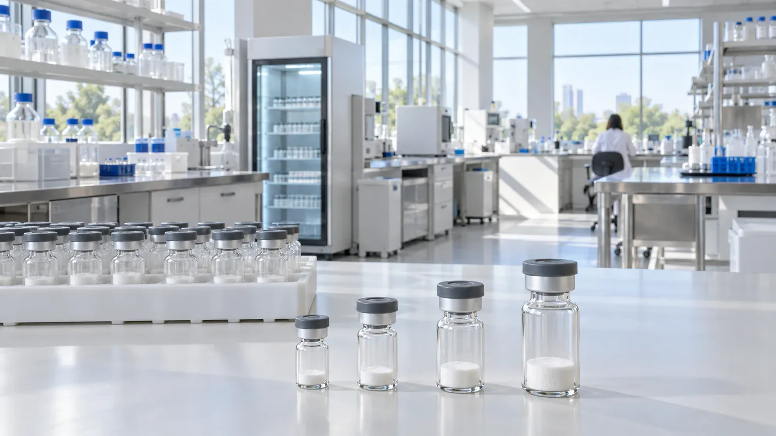 Four plain vials of white freeze-dried powder in different sizes on a white bench in a bright laboratory with a vial refrigerator behind