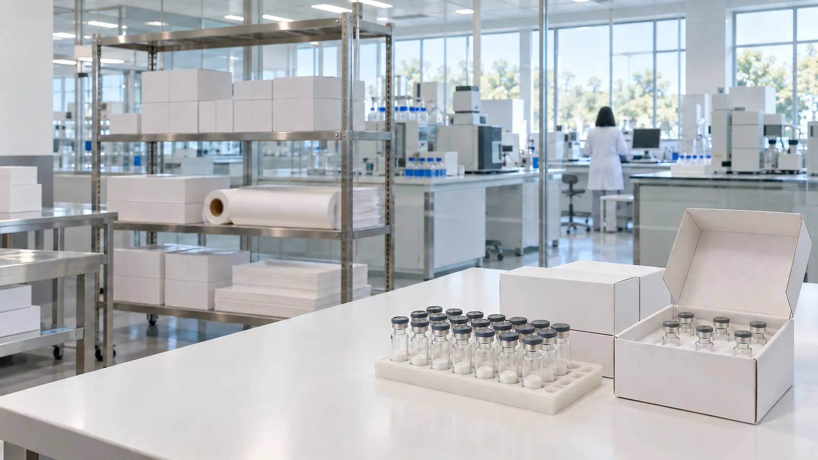 Plain white shipping boxes and a foam insert holding vials beside a rack of freeze-dried peptide vials at the edge of a bright laboratory