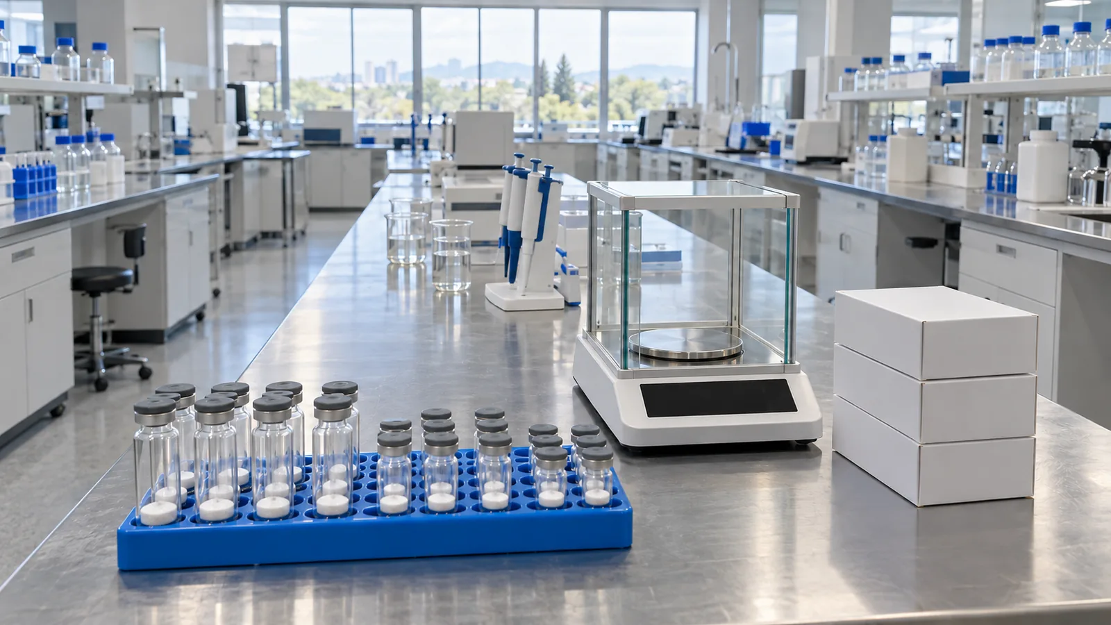Blue rack of plain freeze-dried peptide vials in several sizes beside an analytical balance on a long stainless laboratory bench
