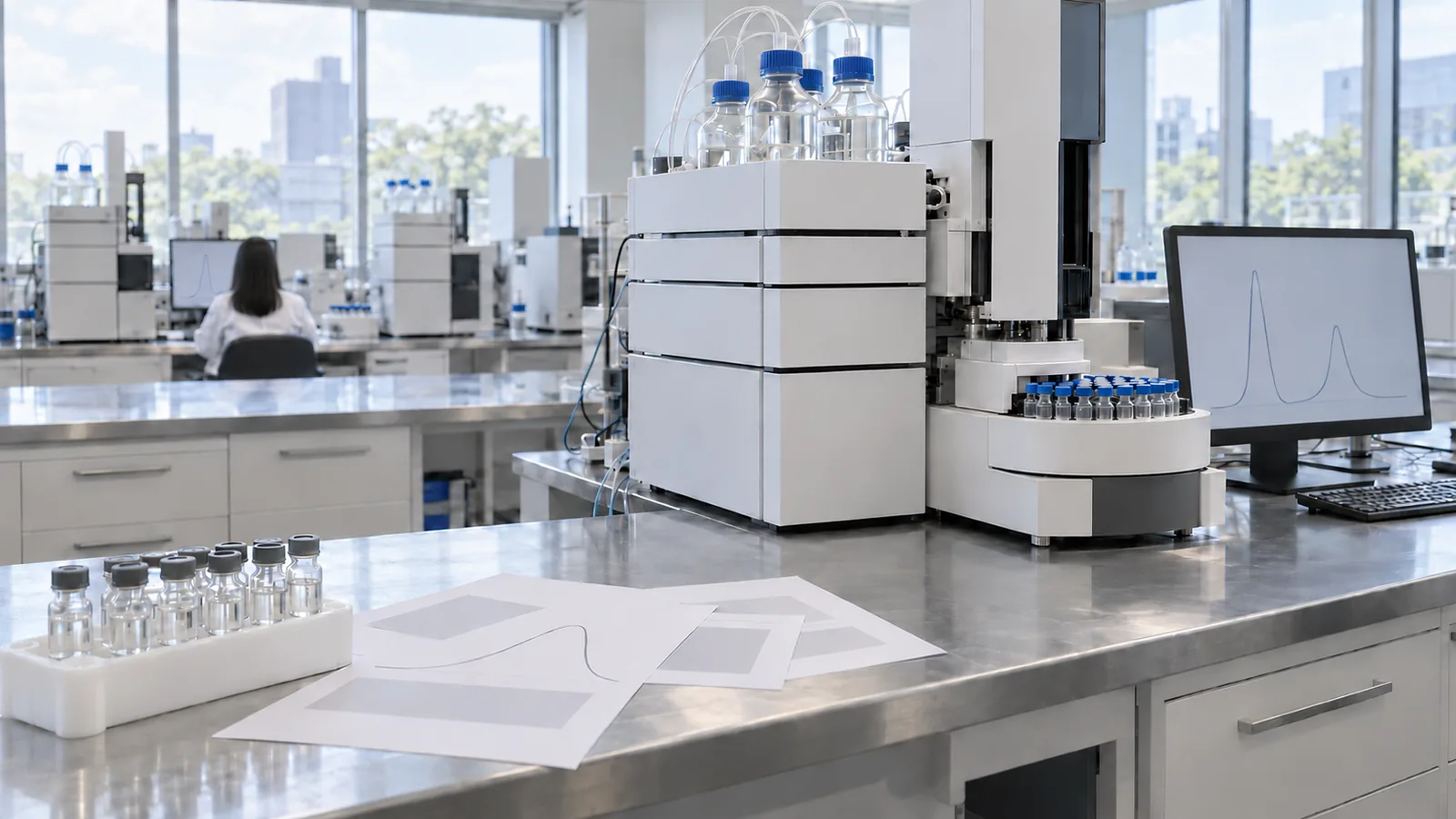 HPLC and LC-MS instrument with an autosampler tray of sample vials in a bright analytical laboratory, plain papers and a rack of vials on the bench